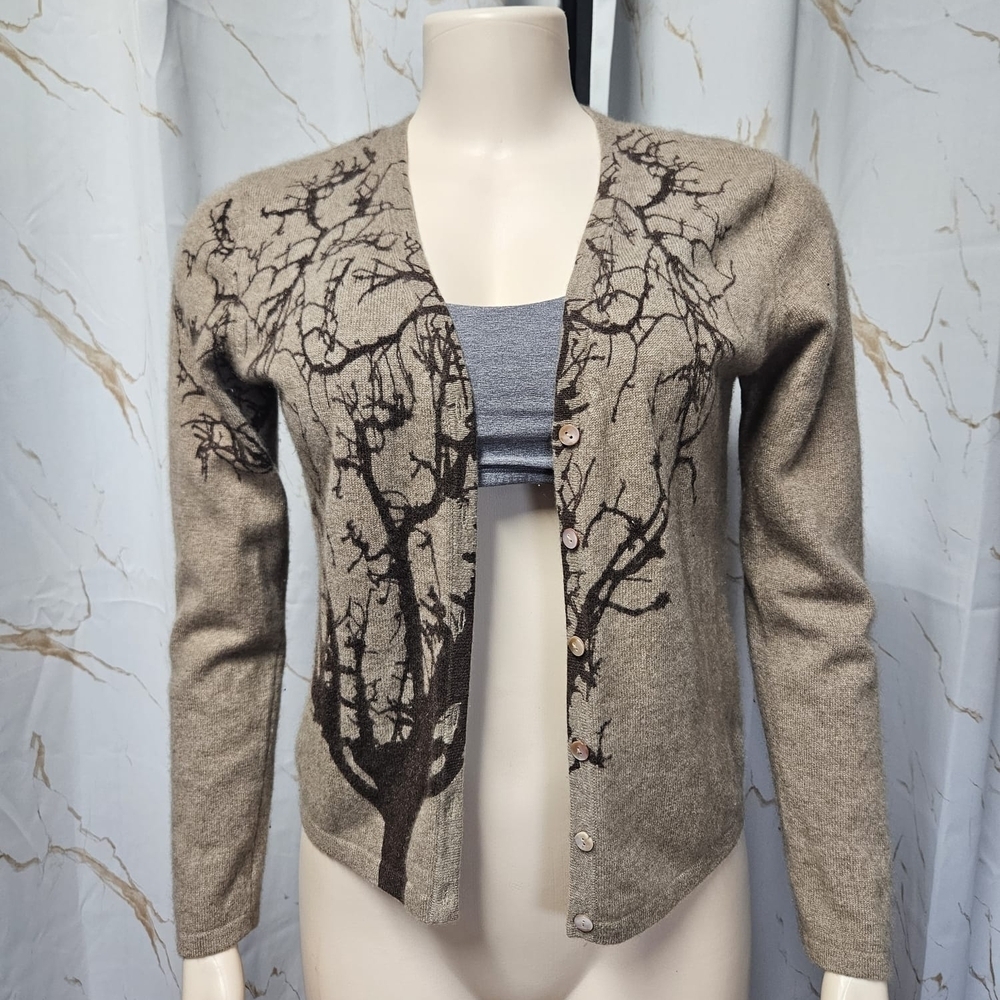 Tan and Black Cardigan Sweater with Artistic Pattern
